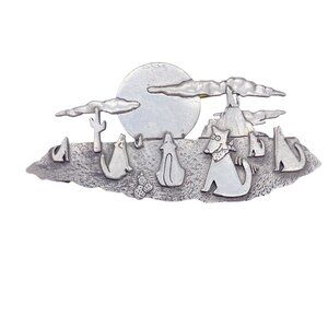 Vintage JJ Jonette Brooch Pin Coyote Cactus Moon Silvertone Metal Southwest